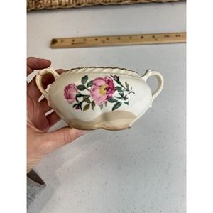 Vintage Harker Pottery White Red Rose‎ Pattern Ceramic 22Kt Gold Trim Sugar Bowl